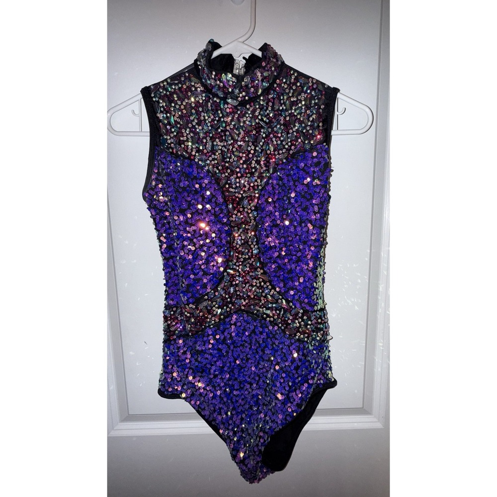 Glamour Jazz Dance Costume Purple & Silver Sequins W/Gloves Size: Medium Adult